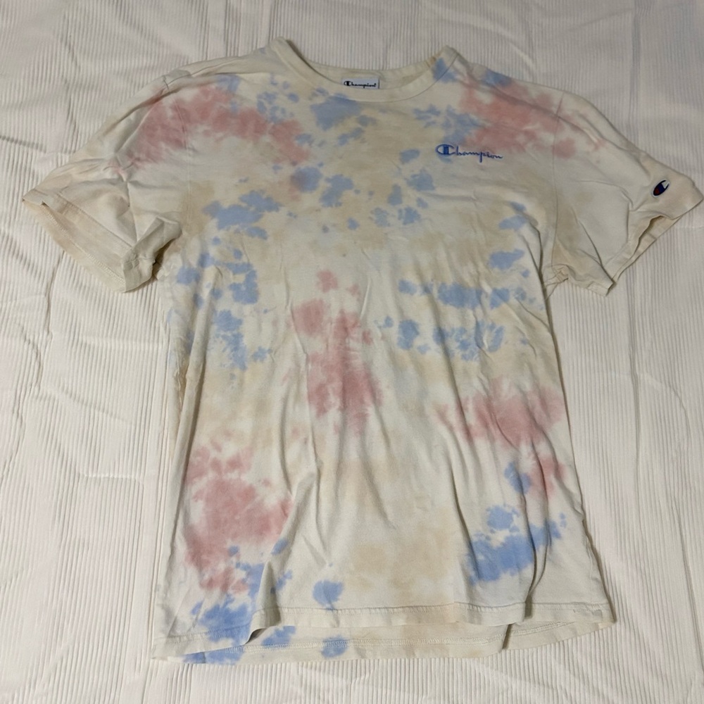 Champion Men’s Small Tie-Dye T-Shirt Pastel Pink Blue Script Logo Crewneck Tee